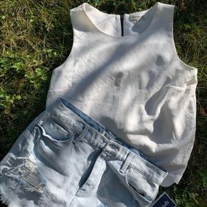White scallop top and Marshall’s light wash denim shorts